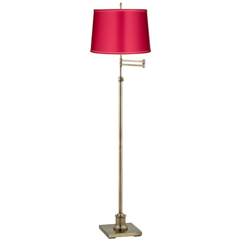 Image 1 Westbury Antique Brass Swing Arm Floor Lamp with Vivid Pink Shade
