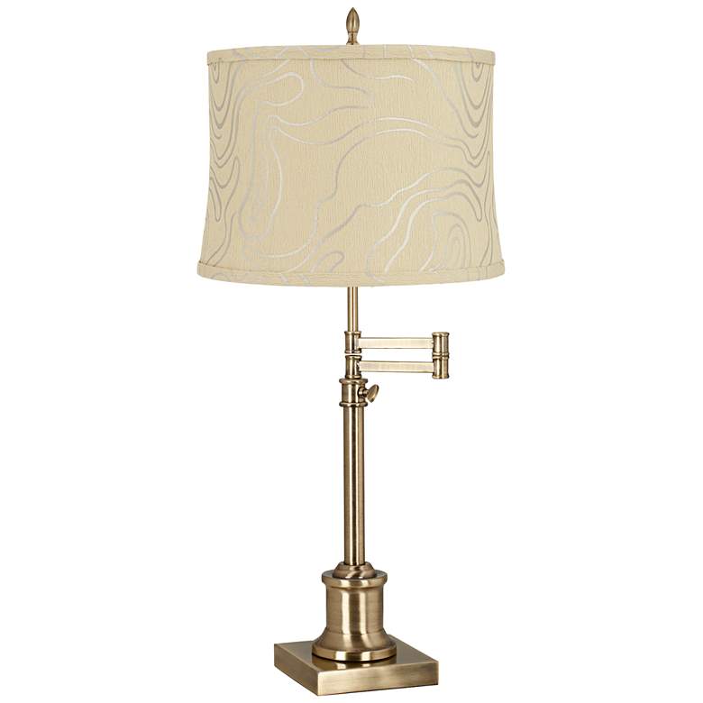 Image 1 Westbury Antique Brass Swing Arm Table Lamp with Bay Beige Shade