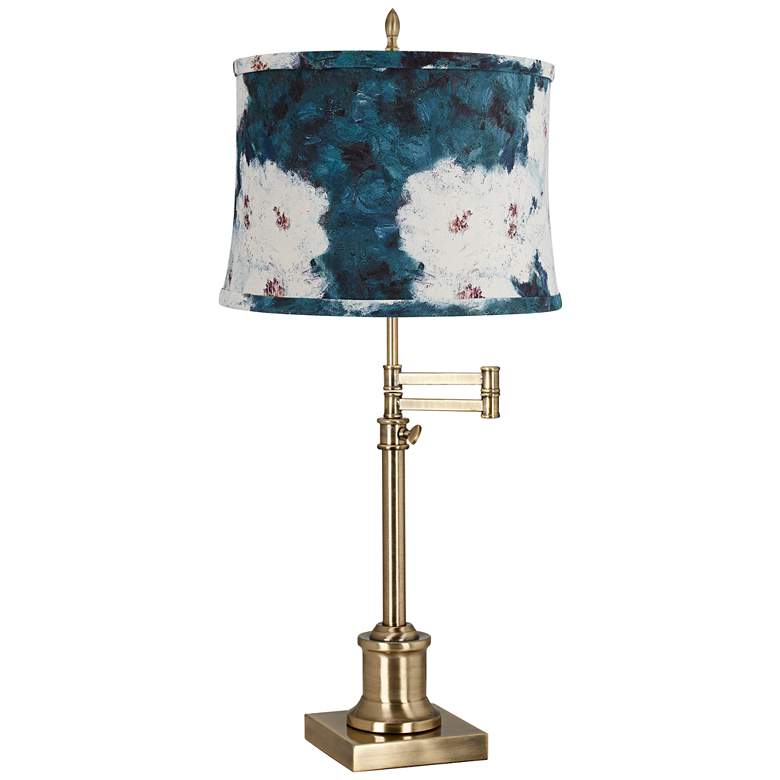 Image 1 Westbury Antique Brass Swing Arm Table Lamp with Blue and White Shade