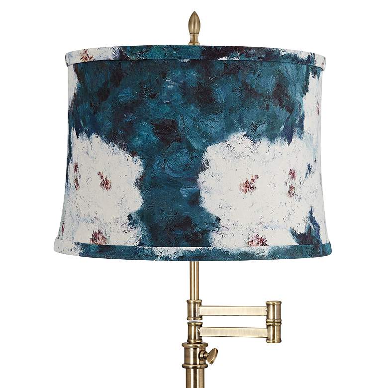 Image 2 Westbury Antique Brass Swing Arm Table Lamp with Blue and White Shade more views