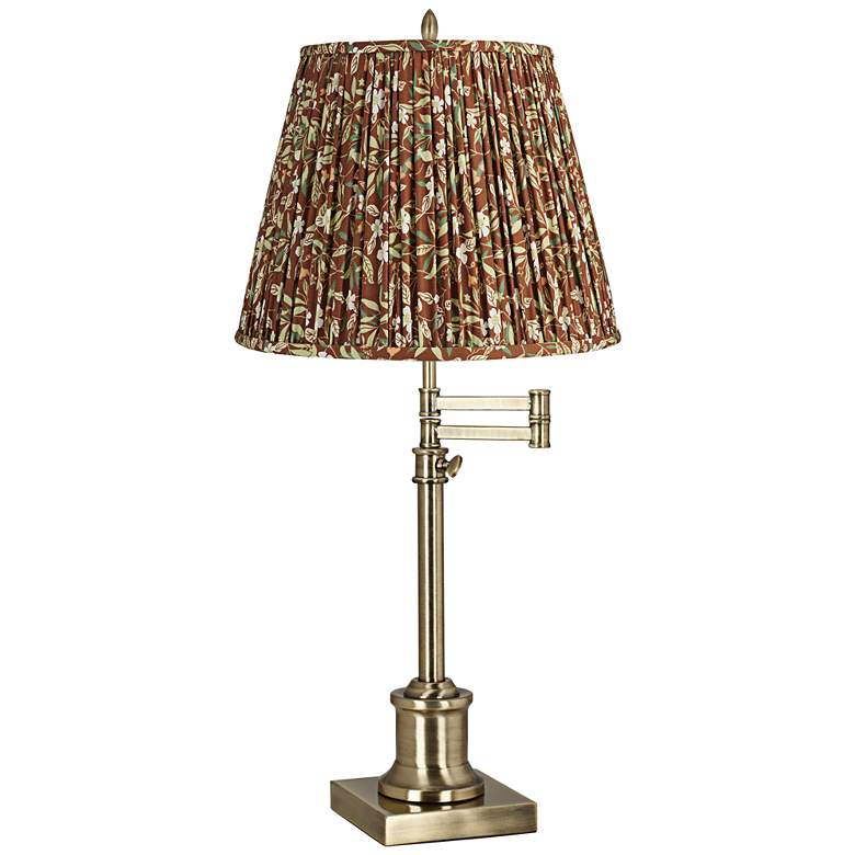 Image 1 Westbury Antique Brass Swing Arm Table Lamp with Brown Floral Shade