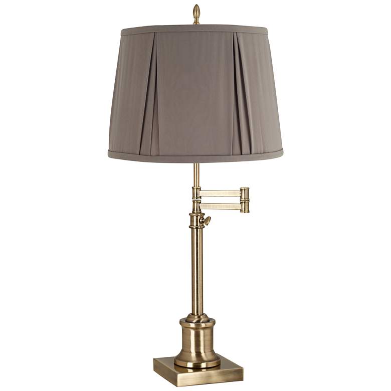 Image 1 Westbury Antique Brass Swing Arm Table Lamp with Khaki Gray Shade