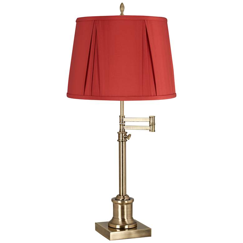 Image 1 Westbury Antique Brass Swing Arm Table Lamp with Rusty Red Shade