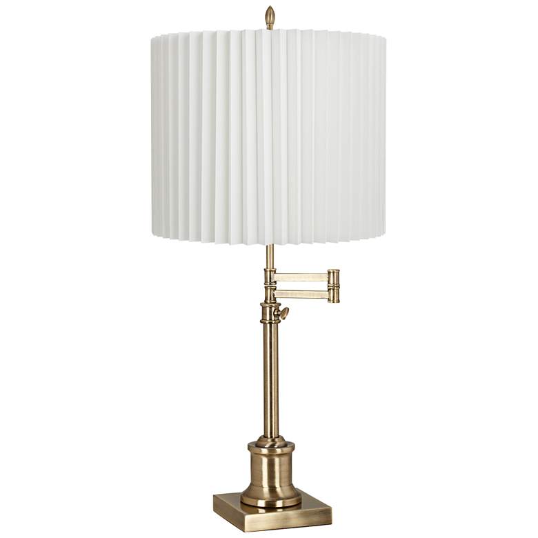 Image 1 Westbury Antique Brass Swing Arm Table Lamp with White Pleated Shade