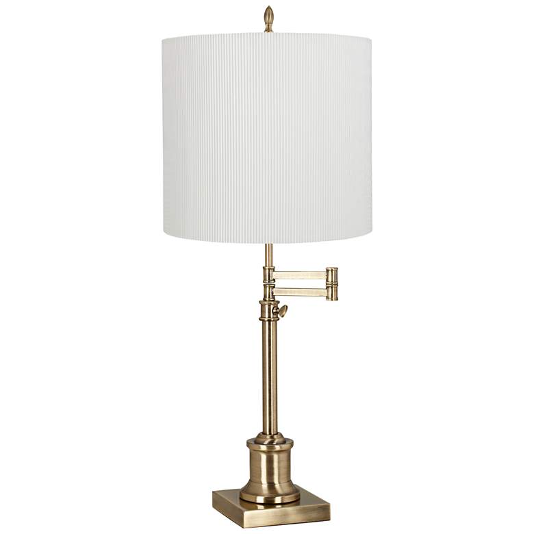 Image 1 Westbury Antique Brass Swing Arm Table Lamp with White Stripe Shade
