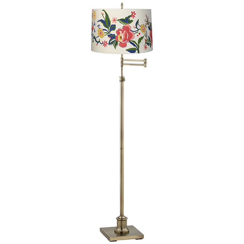 Image 1 Westbury Embroidered Floral Brass Swing Arm Floor Lamp