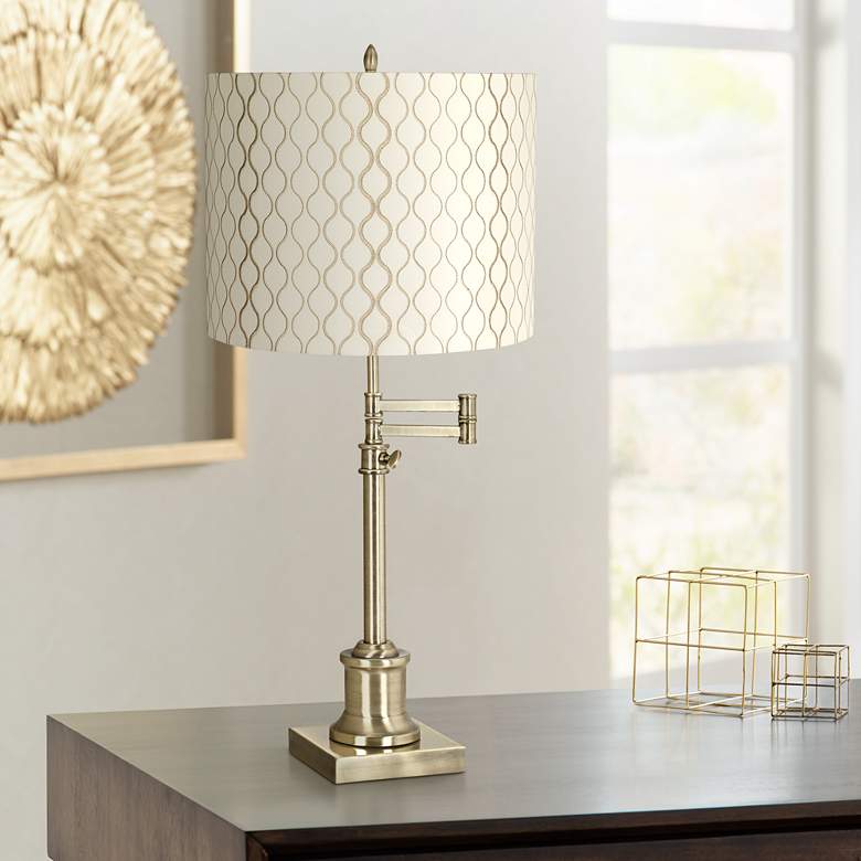 Image 1 Westbury Embroidered Hourglass Brass Swing Arm Desk Lamp