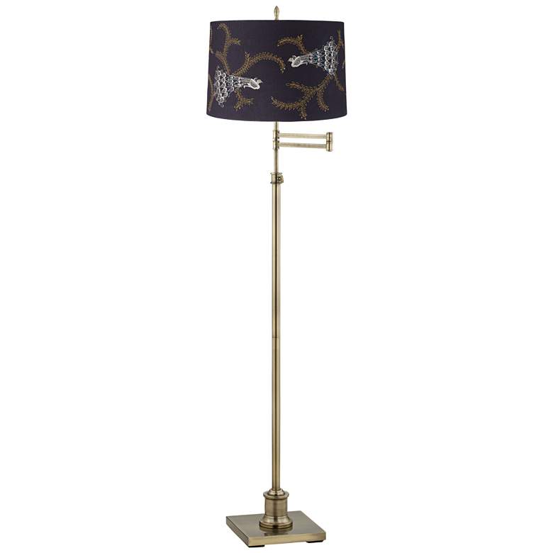 Image 1 Westbury Embroidered Peacock Brass Swing Arm Floor Lamp