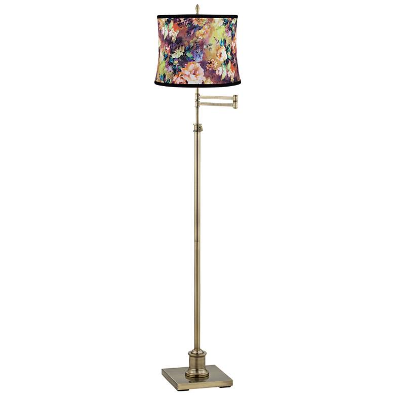 Image 1 Westbury Floral Print Shade Brass Swing Arm Floor Lamp