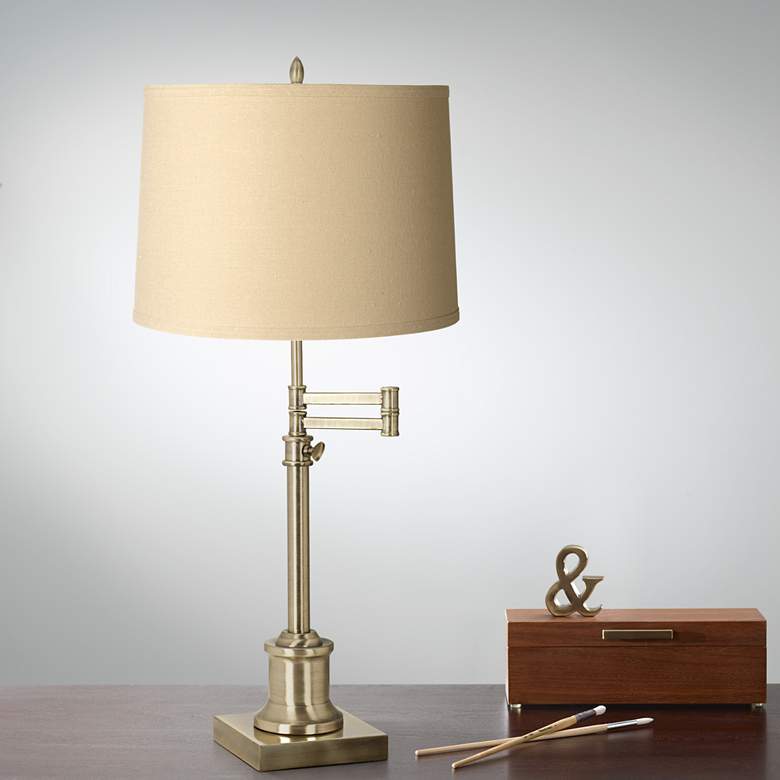 Image 1 Westbury Taupe Linen Shade Brass Swing Arm Desk Lamp