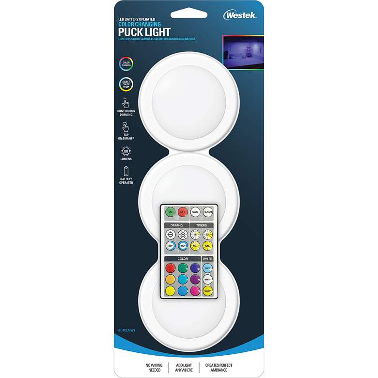 Image 3 Westek 10 1/4" Battery Powered LED Puck Lights Set of 3 with Remote more views