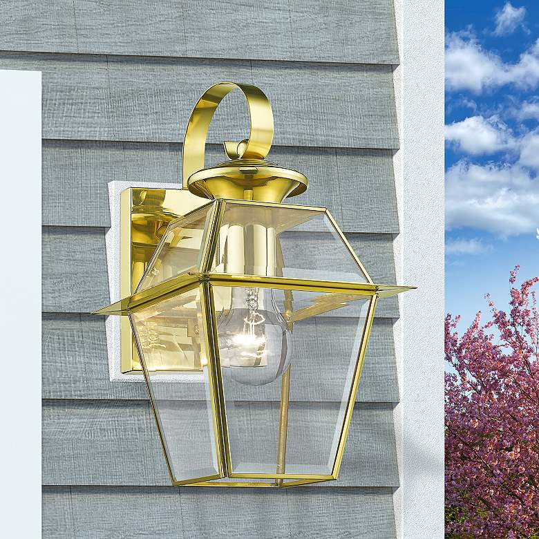 Image 1 Westover 12 1/2"H 2-Light Polished Brass Outdoor Wall Light