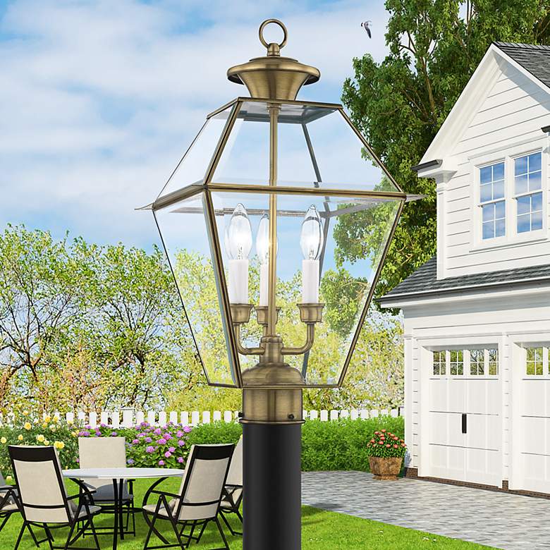 Image 1 Westover 21 1/2"H Antique Brass 3-Light Outdoor Post Light