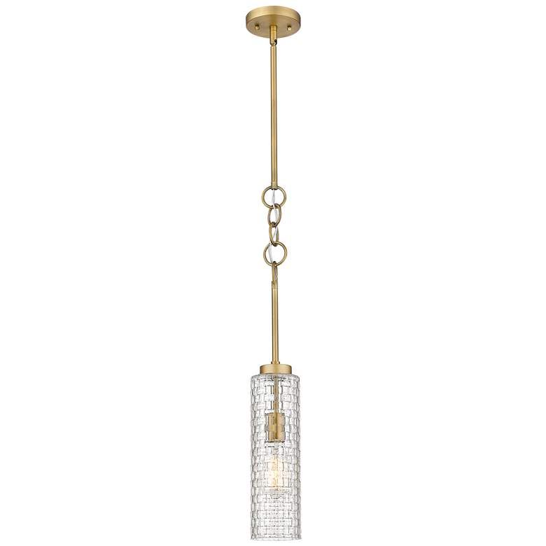 Image 1 Wexford 4 inch Brushed Brass Stem Hung Mini Pendant w/ Clear Basket Weave 