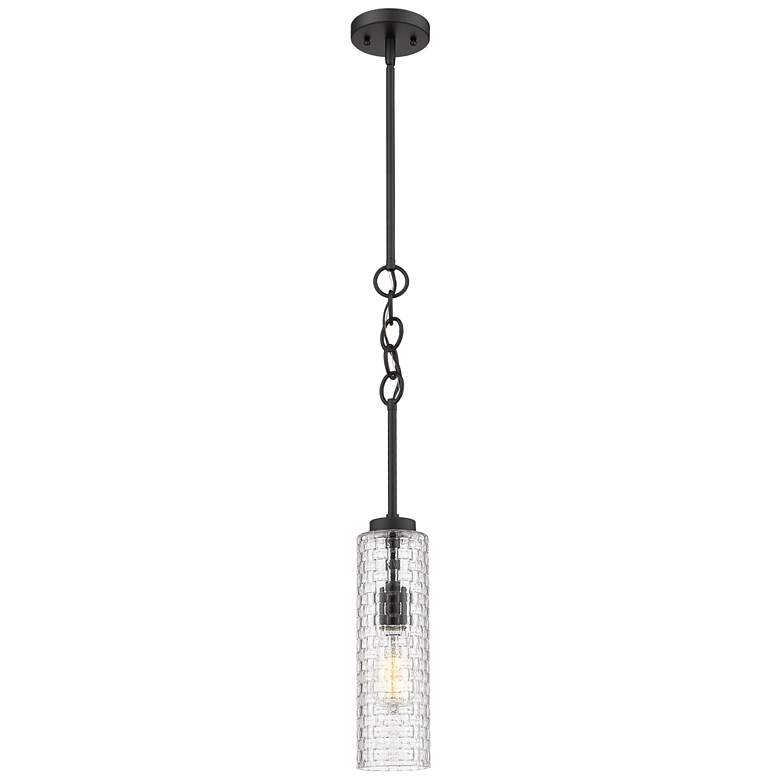 Image 1 Wexford 4" Matte Black Stem Hung Mini Pendant w/ Clear Basket Weave Sh