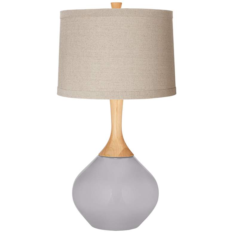 Image 1 Wexler Swanky Gray with Natural Linen Drum Shade Modern Glass Table Lamp