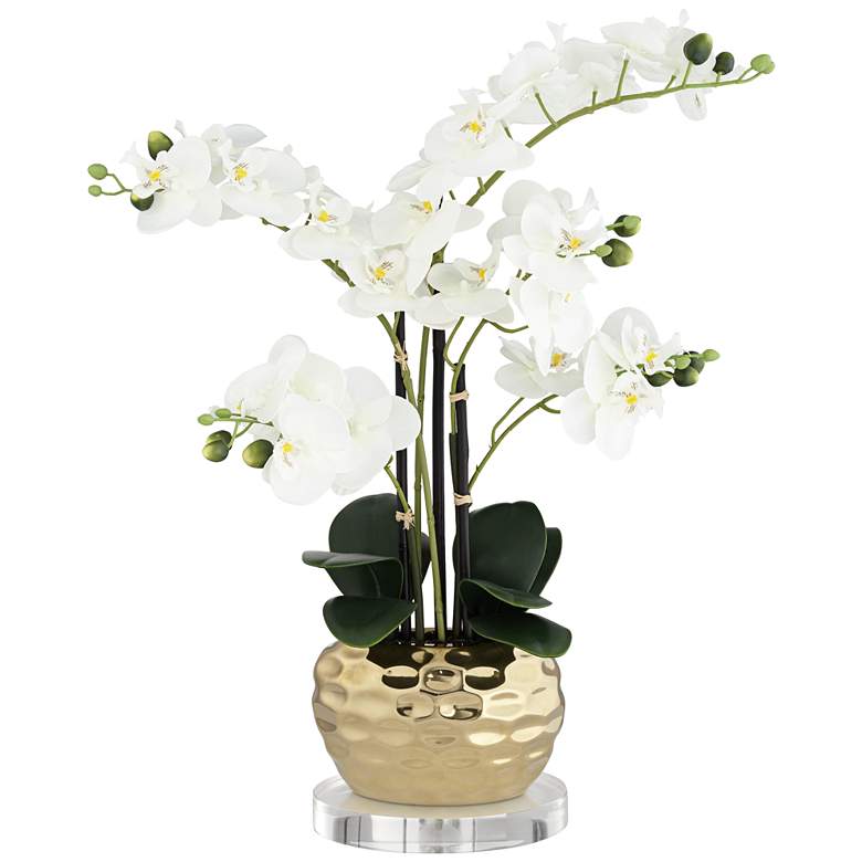 Image 1 White 23 inchH Gold Faux Orchid With 7 inch Acrylic Riser