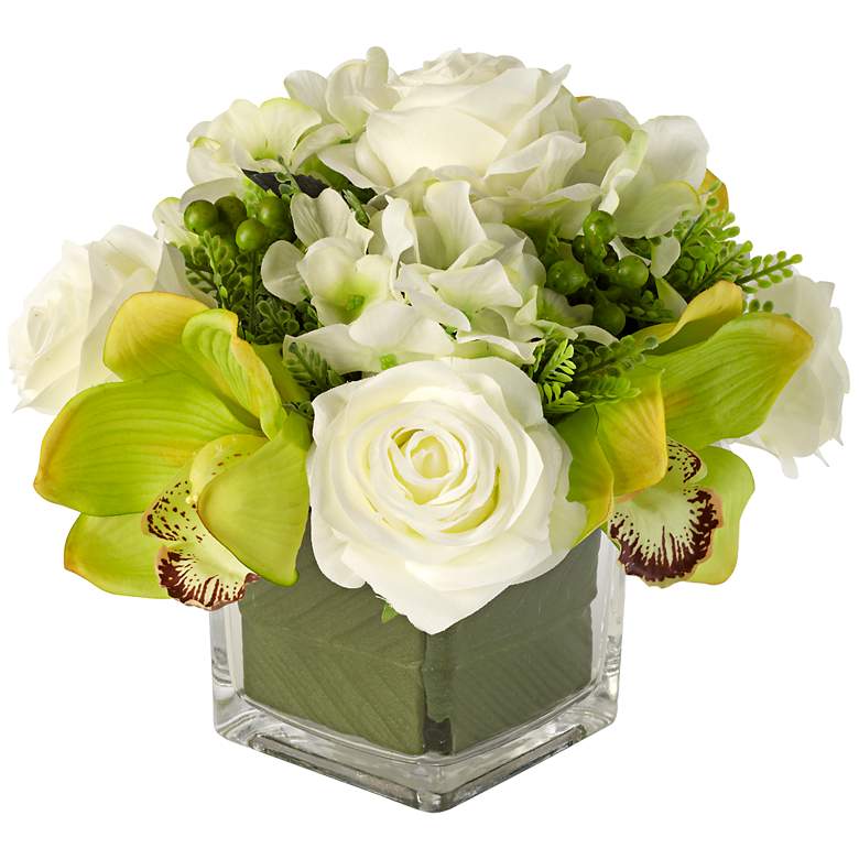 Image 1 White 8 3/4 inch High Silk Roses in Glass Vase