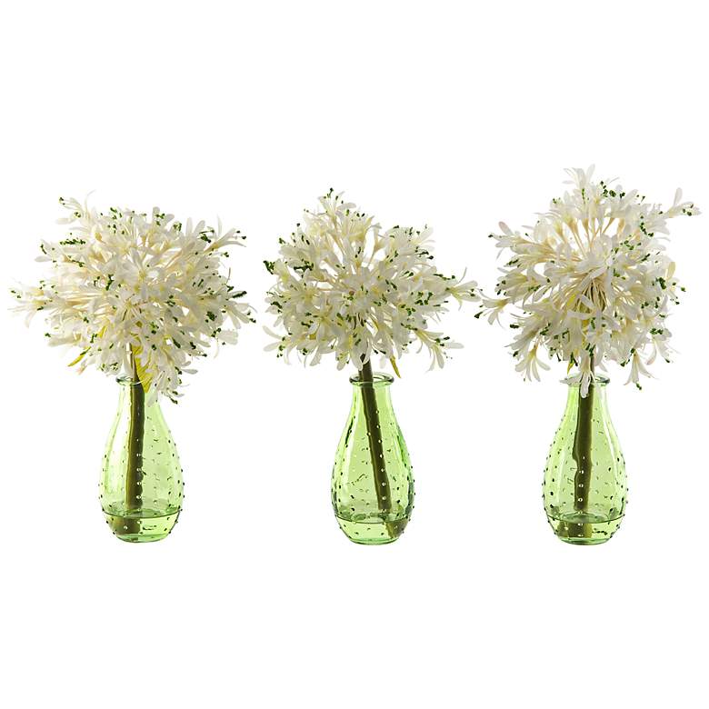 Image 1 White Alliums 11 inch High Flowers in Green Glass Vases Set of 3