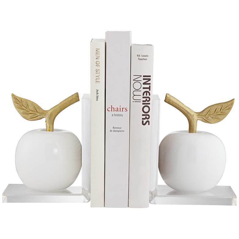 Image 1 White and Gold 7 inch High Apple Bookends Set