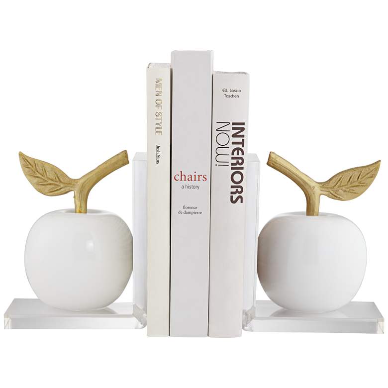 Image 1 White and Gold 7" High Apple Bookends Set