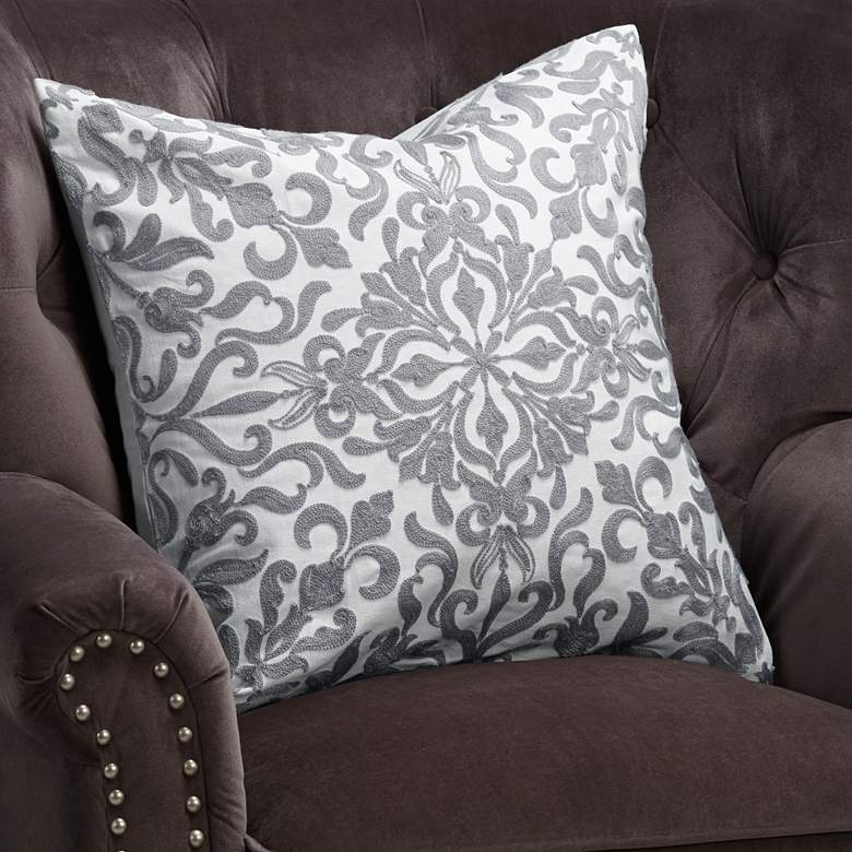 Image 1 White and Gray Floral Weave 20 inch Square Decorative Pillow