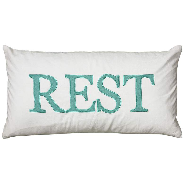Image 1 White and Teal Rest 21 inch x 11 inch Decorative Lumbar Pillow