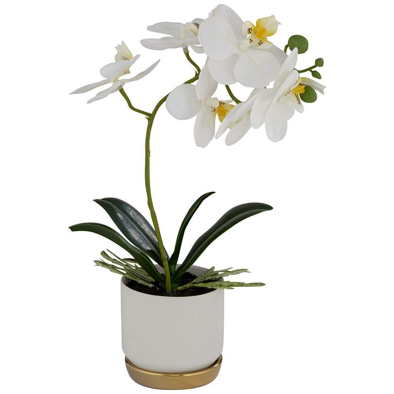 White and Yellow Orchid 12&quot; High Faux Flowers in Ceramic Pot