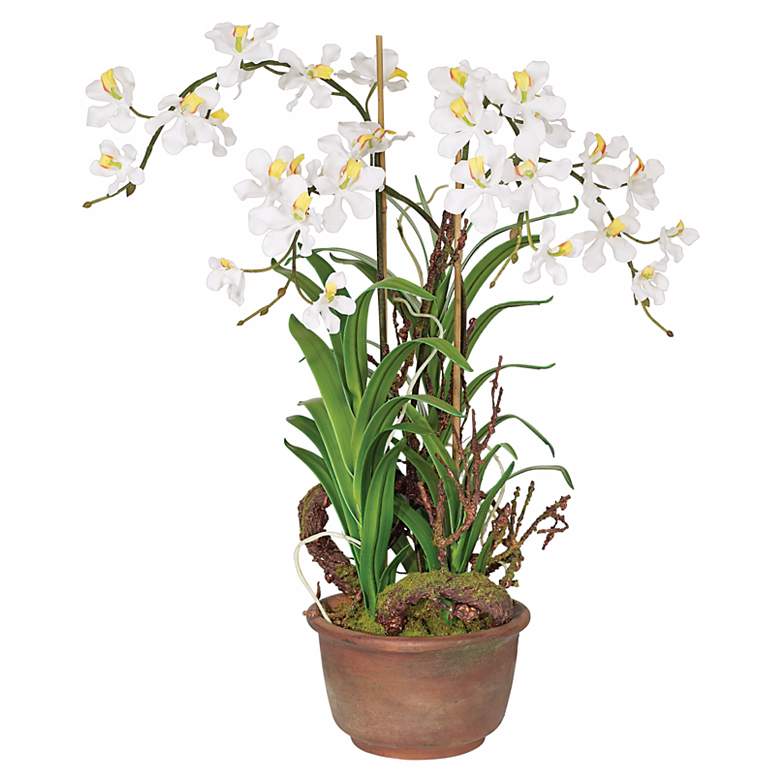 Image 1 White and Yellow Orchids in Brown Pot Faux Flowers