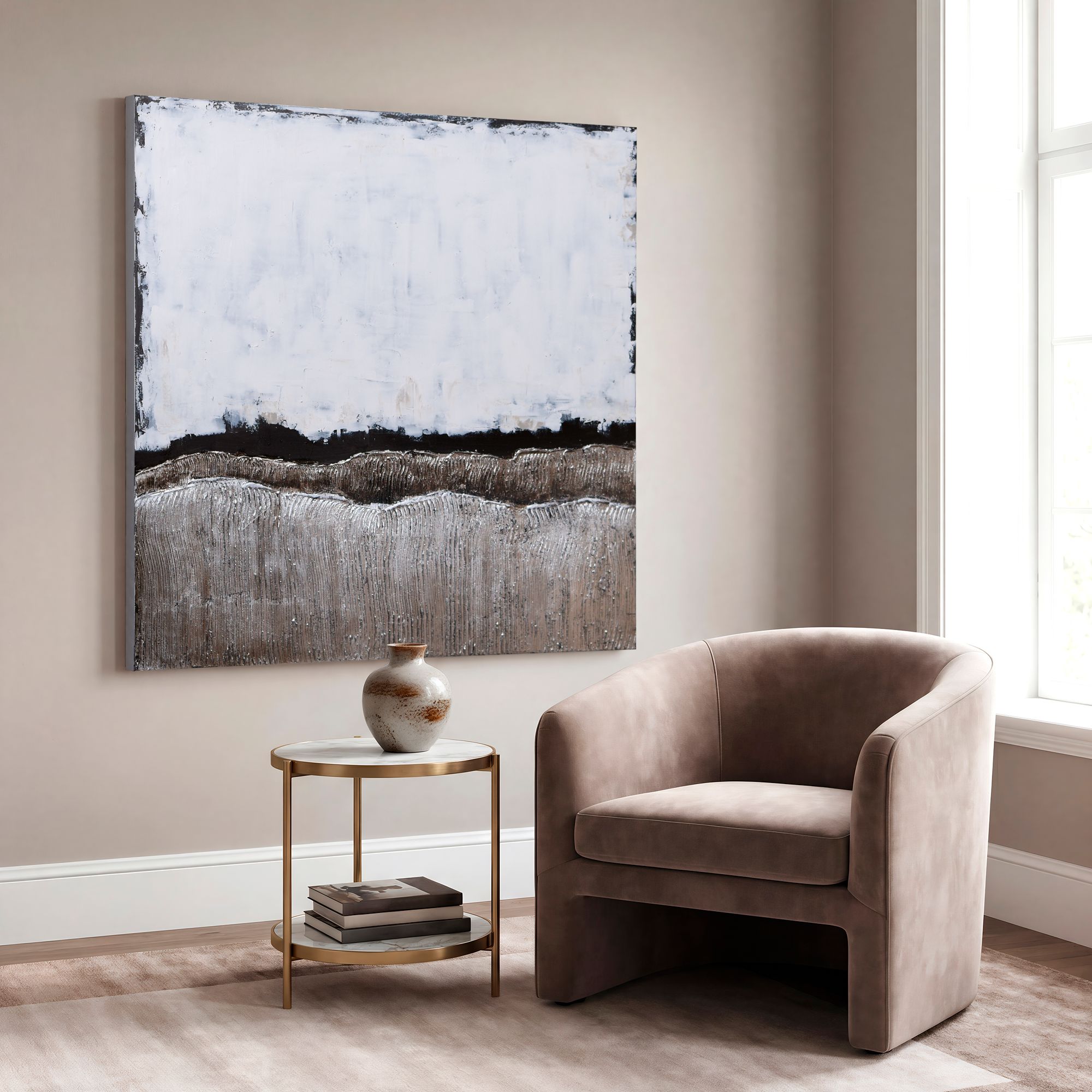 White Atmosphere 48" Square Framed Canvas Wall Art in scene