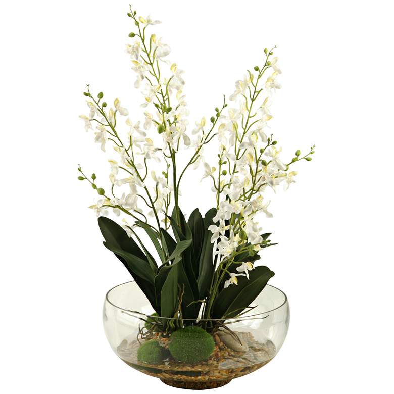Image 1 White Baby Delphinium Orchids 27 inchH Faux Flowers in Bowl