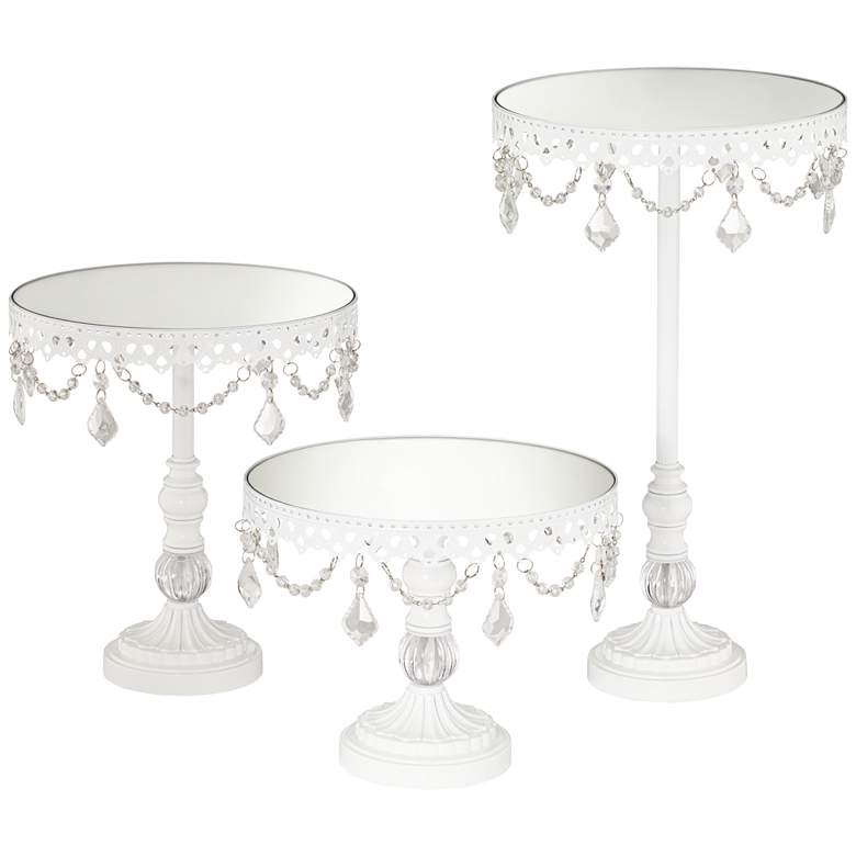 Image 1 White Beaded Mirror-Top Round Cake Stands Set of 3