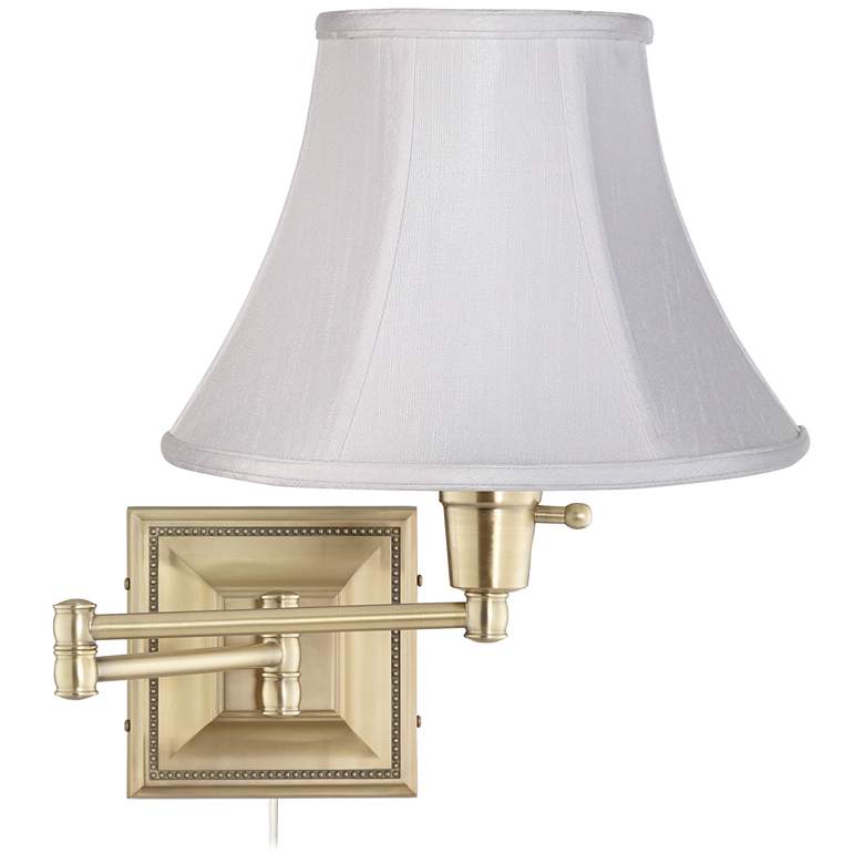 Image 1 White Bell Shade Brass Beaded Plug-In Swing Arm Wall Lamp