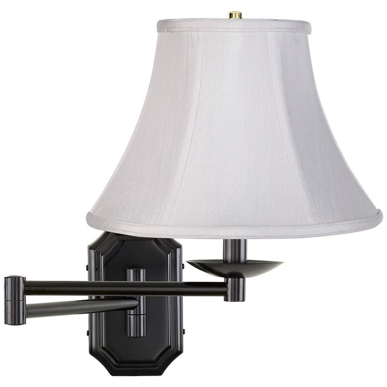 Image 1 White Bell Shade Dark Bronze Plug-In Swing Arm Wall Lamp