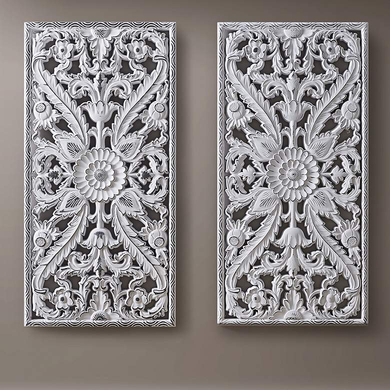 Image 1 White Botanical Carved Wood Wall Art Set of 2