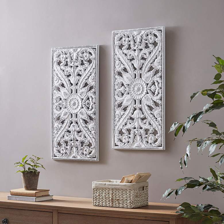 Image 7 White Botanical Carved Wood Wall Art Set of 2 more views