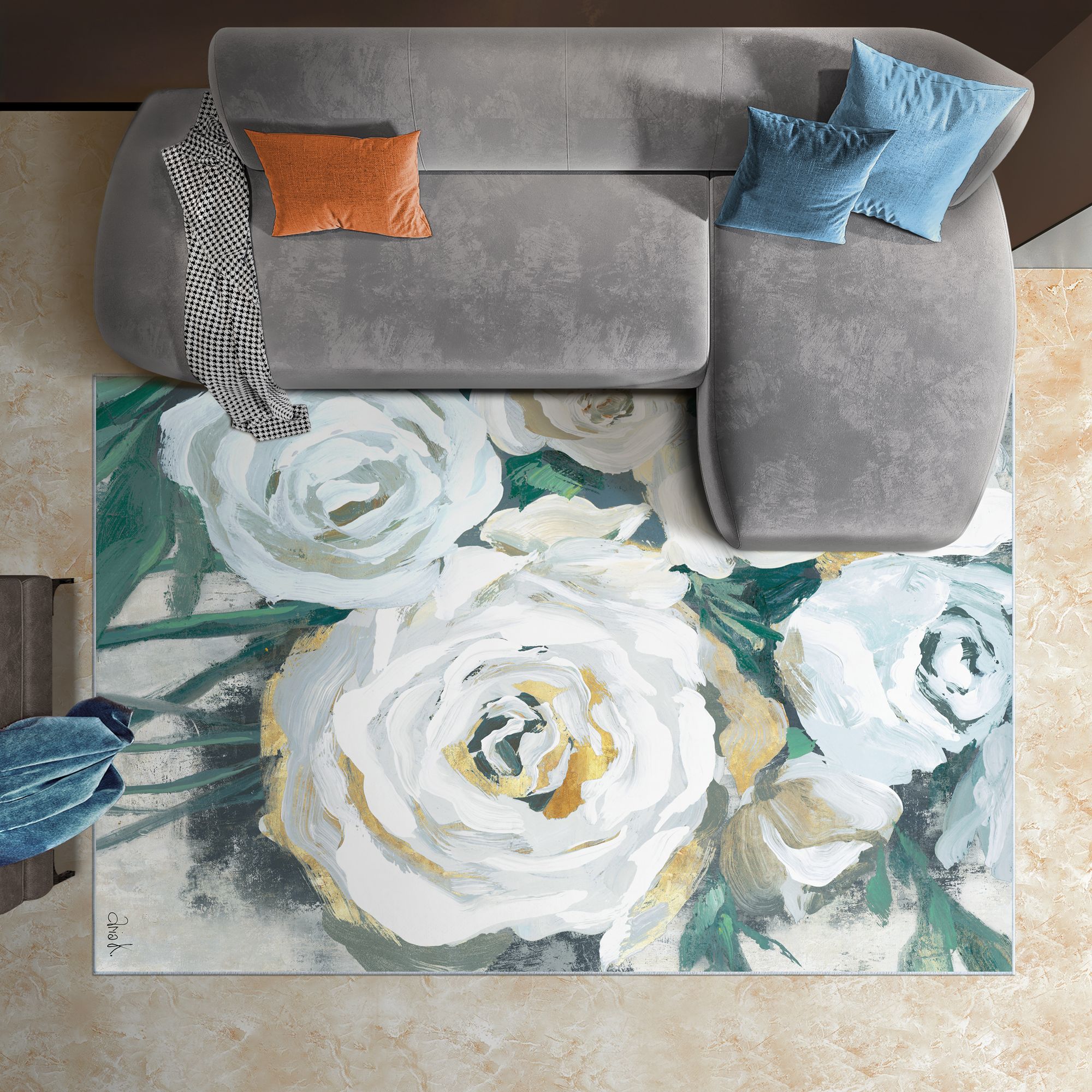 Image 2 White Bouquet of Florals II Washable Art Area Rug size 5'x8' more views