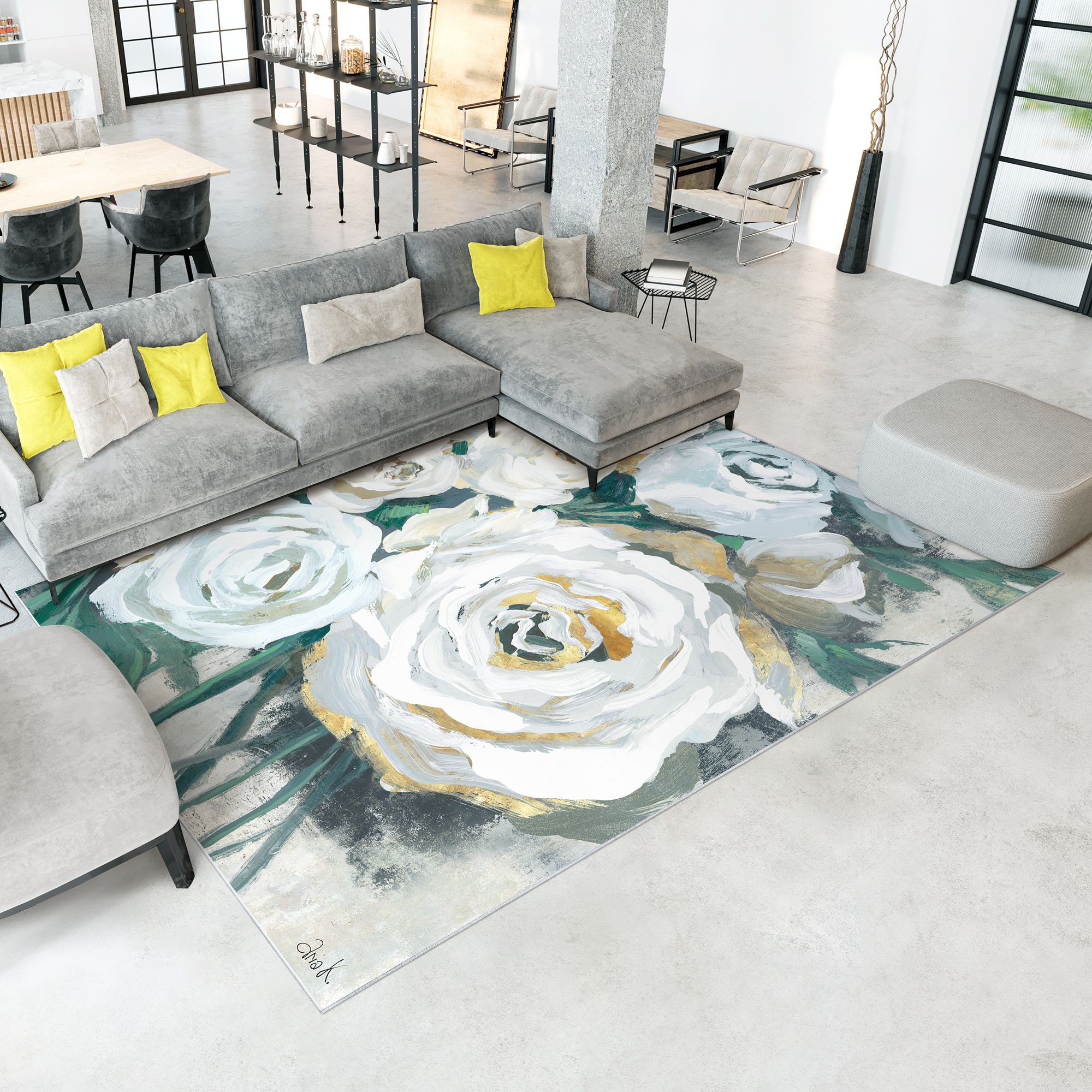 Image 2 White Bouquet of Florals II Washable Art Area Rug size 8'x10' more views