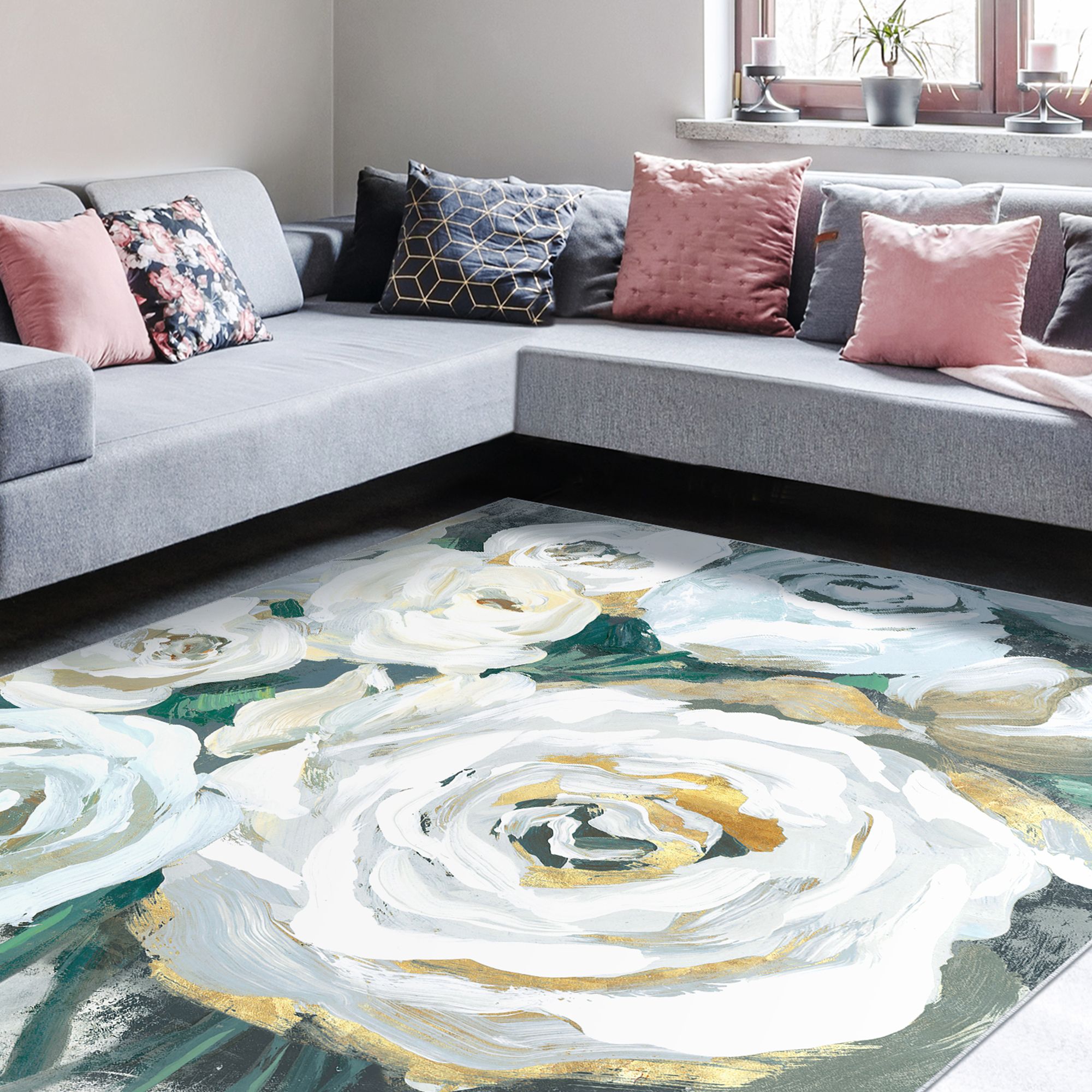 Image 5 White Bouquet of Florals II Washable Art Area Rug size 8'x10' more views