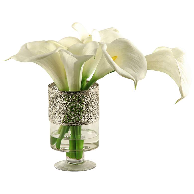 Image 1 White Calla Lilies 18 inchW Faux Flowers in Glass Vase