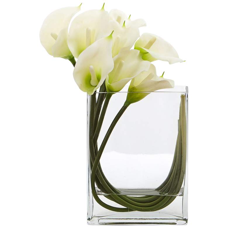 Image 1 White Calla Lily 12 inchW Faux Flowers in Rectangular Glass Vase