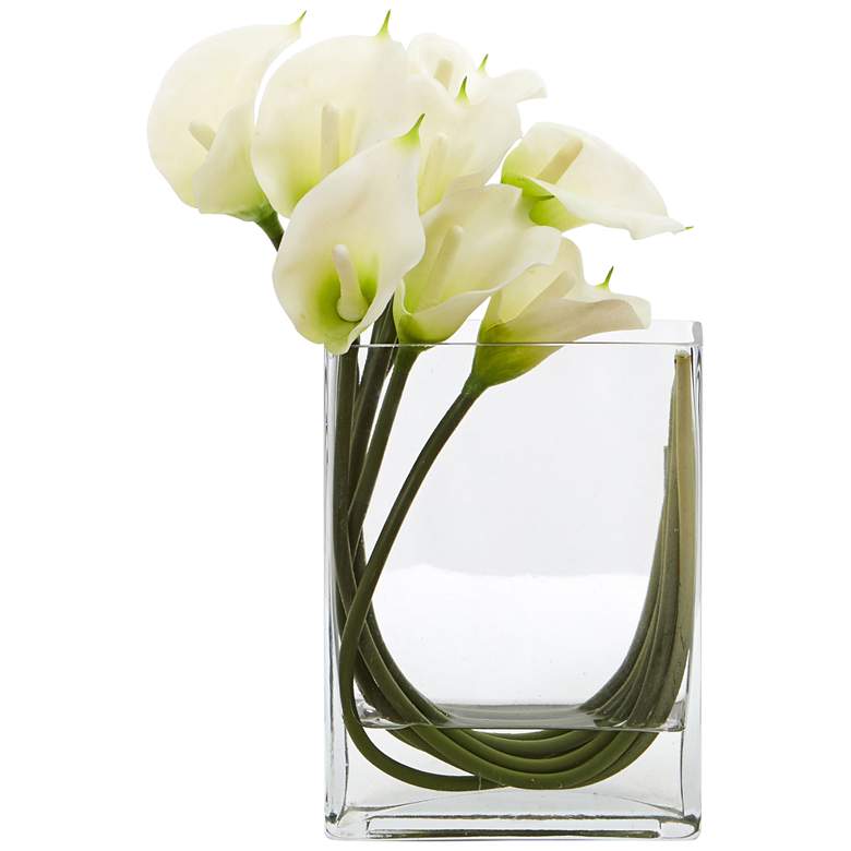 Image 1 White Calla Lily 12"W Faux Flowers in Rectangular Glass Vase