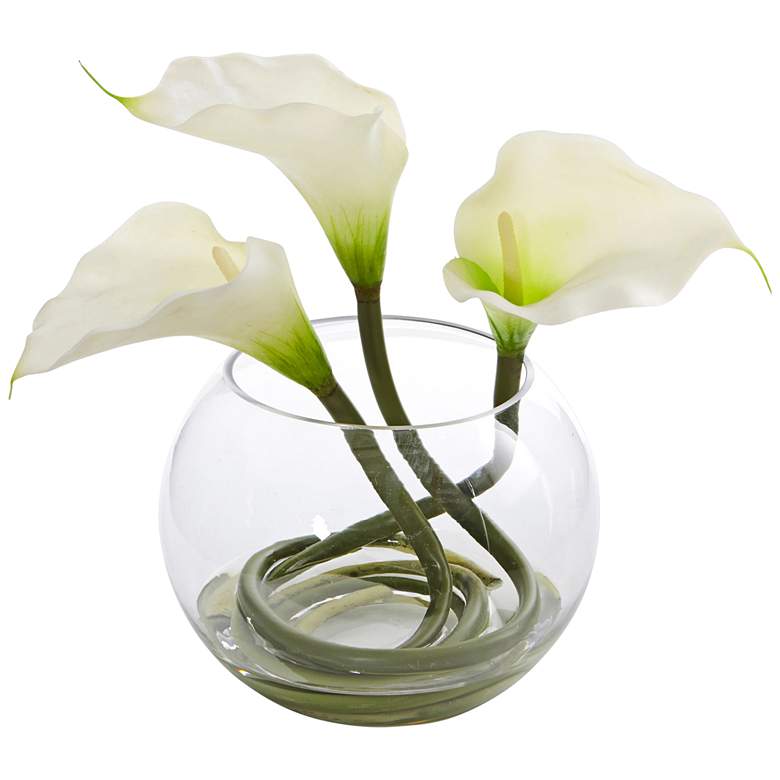 Image 1 White Calla Lily 9" High Faux Flowers in Round Glass Vase