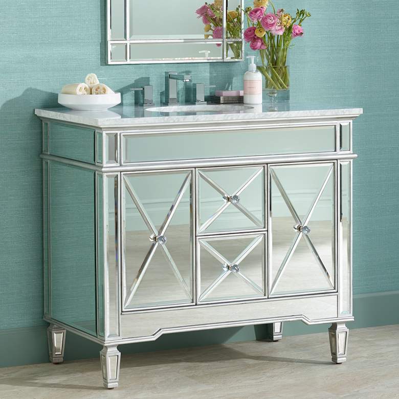 Image 1 White Carrara Marble 40" Wide Mirrored Single Sink Vanity
