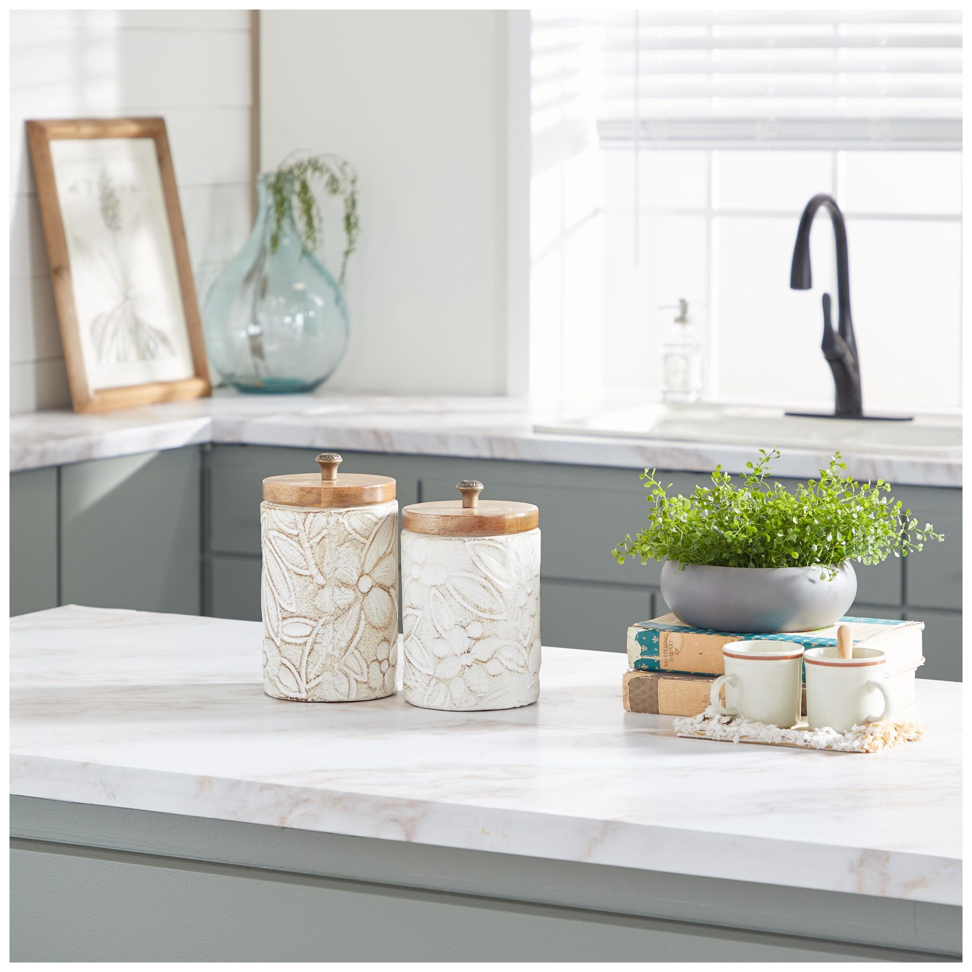 Image 4 White Ceramic Farmhouse Decorative Jars, S/2 9", 11"H more views