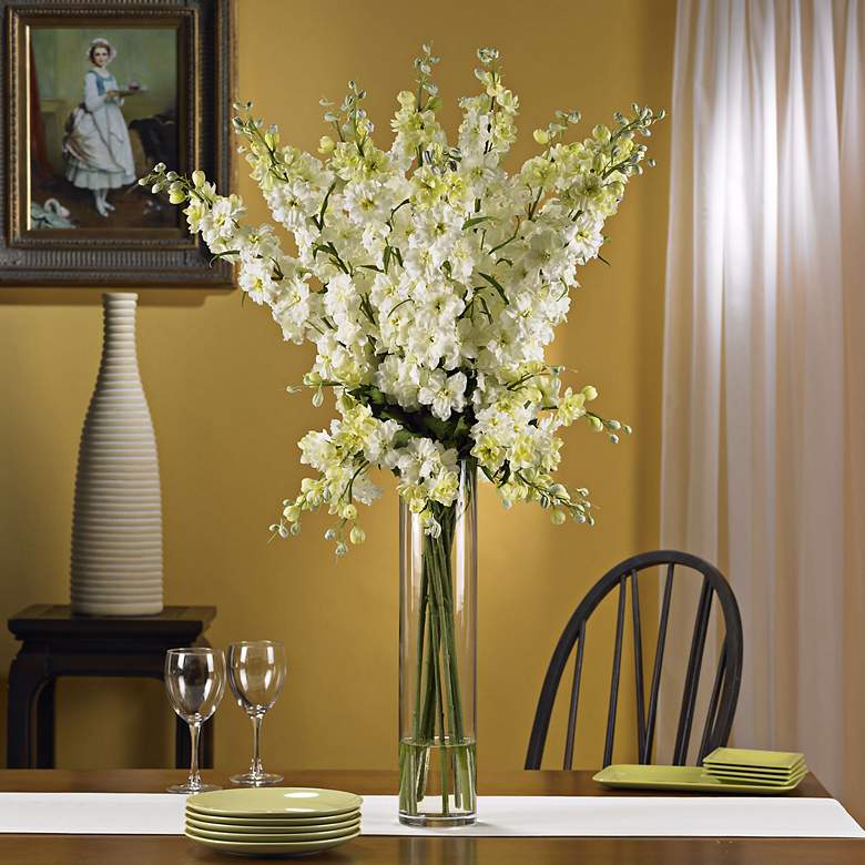 Image 2 White Delphinium 38 inchH Faux Floral Bouquet in a Glass Vase more views