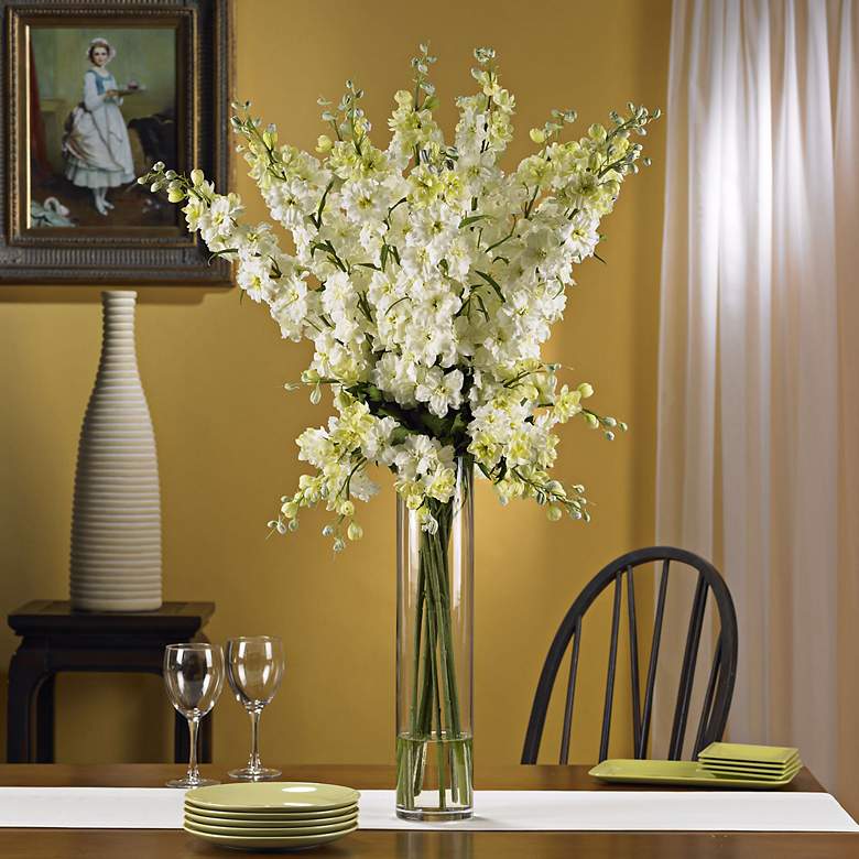 Image 2 White Delphinium 38"H Faux Floral Bouquet in a Glass Vase more views