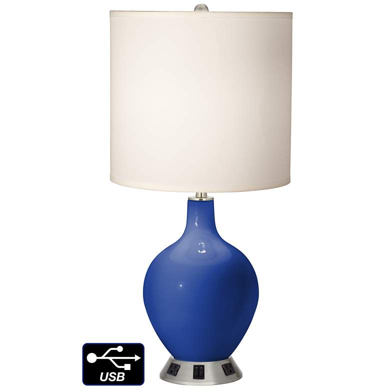 Image 1 White Drum 2-Light Lamp - 2 Outlets and USB in Dazzling Blue