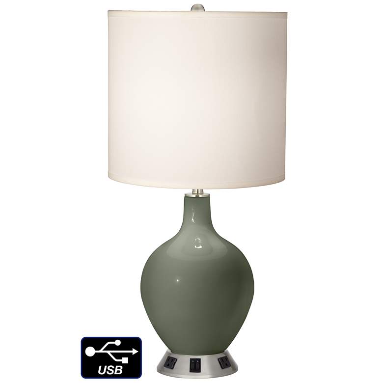 Image 1 White Drum 2-Light Lamp - 2 Outlets and USB in Deep Lichen Green