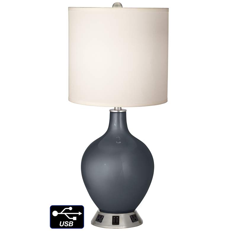 Image 1 White Drum 2-Light Lamp - 2 Outlets and USB in Gunmetal Metallic